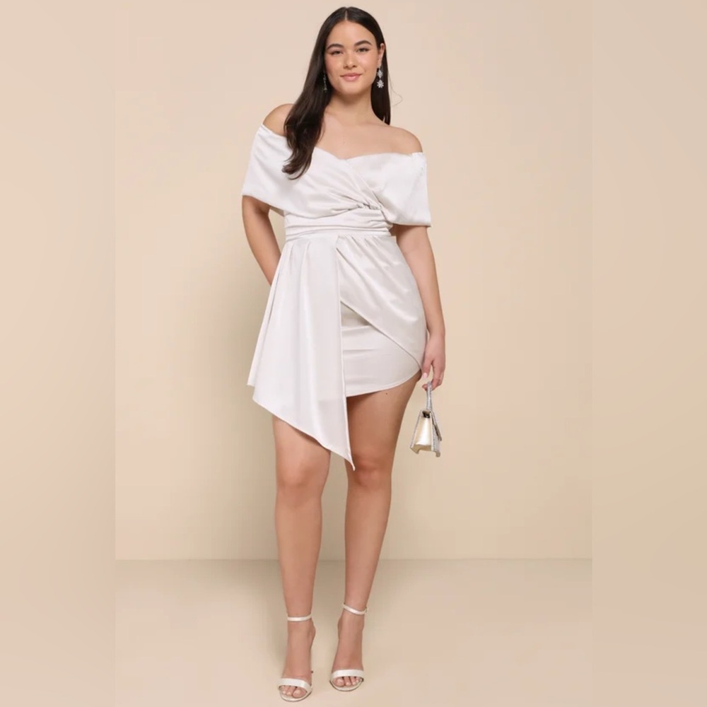 Lulus Always Celebrating Ivory Satin Off Shoulder Mini Dress